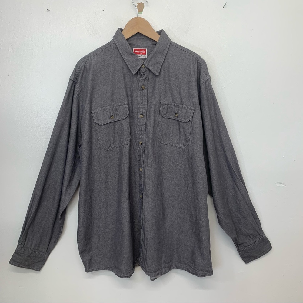 Wrangler Button Up Shirt Men 2XL Gray 100% Heavy Cotton Long Sleeve Work Outdoor